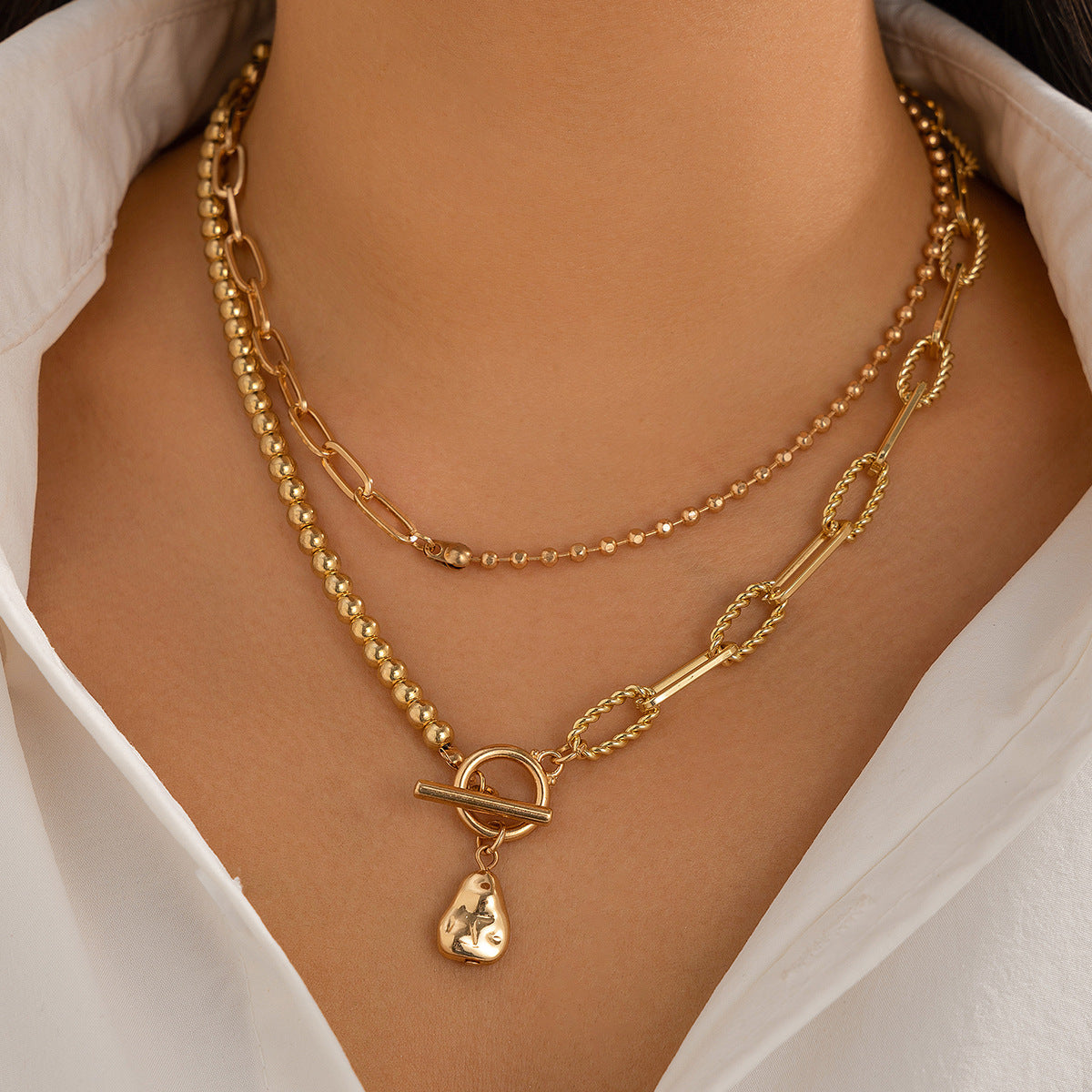Wholesale Long round bead chain stacking necklace retro style personality pearl necklace